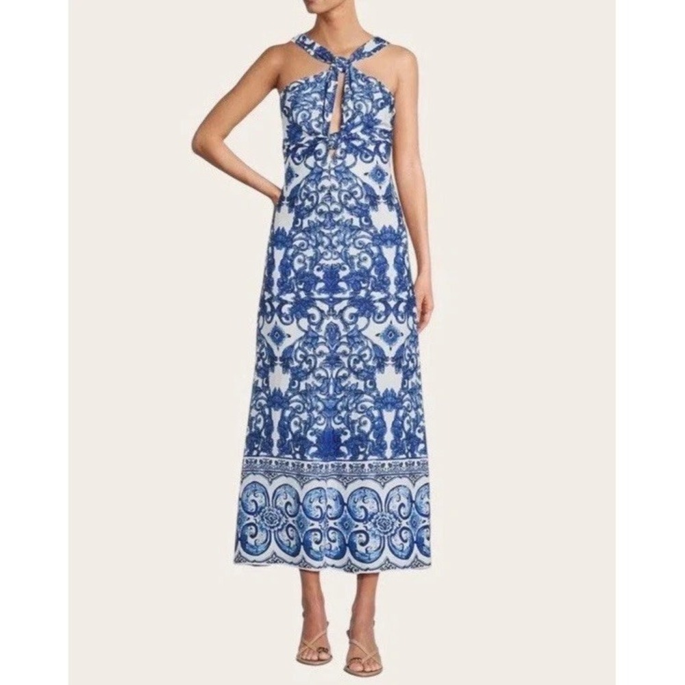 New Antonio Melani Bronwyn Blue Tile Print Linen Halter Maxi Dress SZ 10 ALine